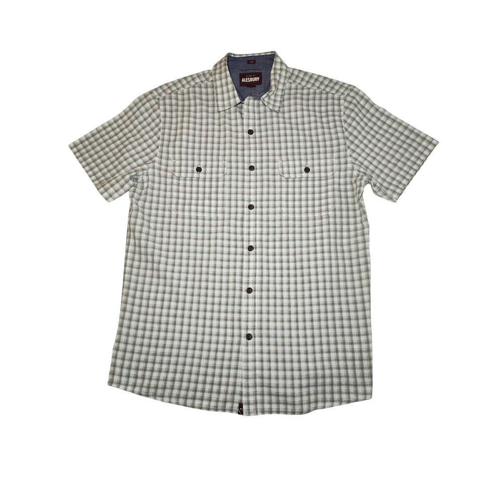 Alesbury Button-Down Shirt Men's Green Sz L Plaid Slim Short Sleeve Preppy